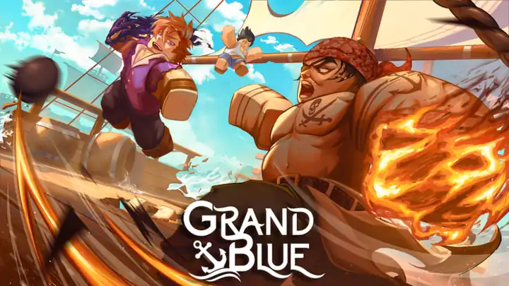 Grand Blue (Roblox) official promotional key visual featuring pirate combat and cursed fruit abilities